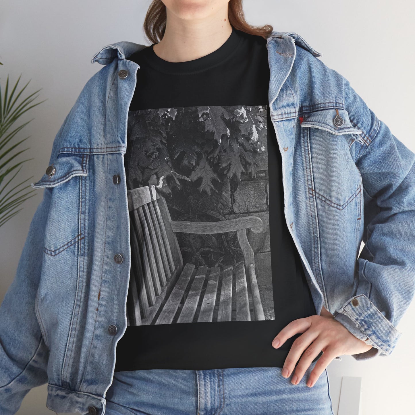 BENCH a photograph by Dean Crozier suggests a moment of calm and an invite to slow down with its image of a shady park bench on this great art T-shirt.