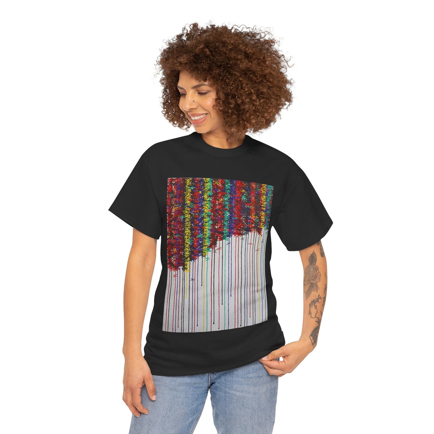 KNOT is an exploration of the bonds that tie a friendship together over time. Painted in bold strong colours that drip down the canvas on this joyful art T-shirt.