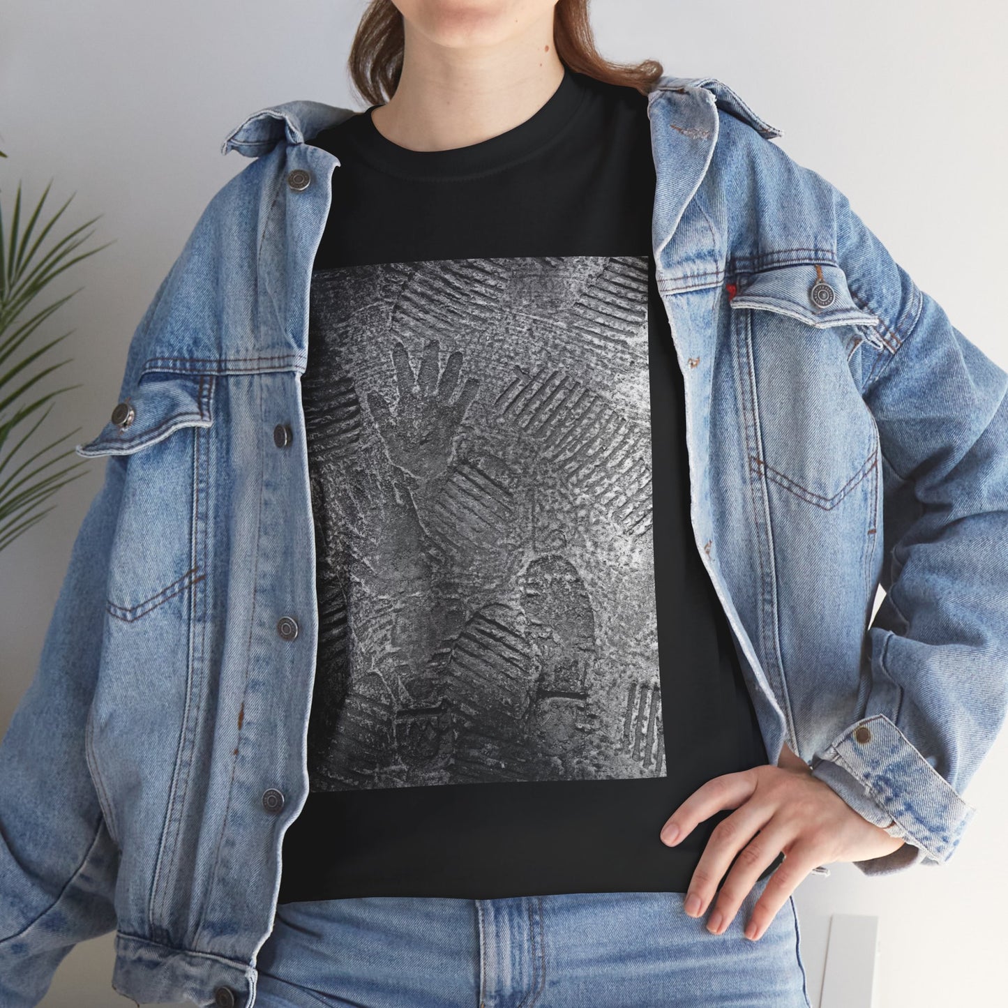 FOOTPATH is a photograph of footprints and hands placed into a wet cement footpath. creating a moment of modern life on this art T-shirt.