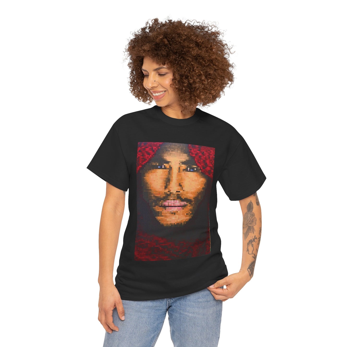 BOY IN A RED SCARF is a beautiful image created by individually coloured squares revealing a hauntingly beautiful face on this rt T-shirt.