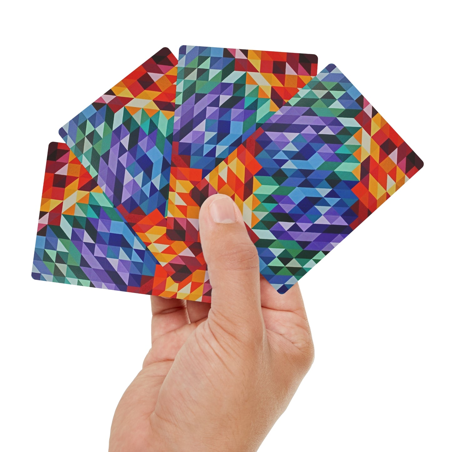 W.C. by Dean Crozier a geometric abstract of triangles and colour on these beautiful playing cards.