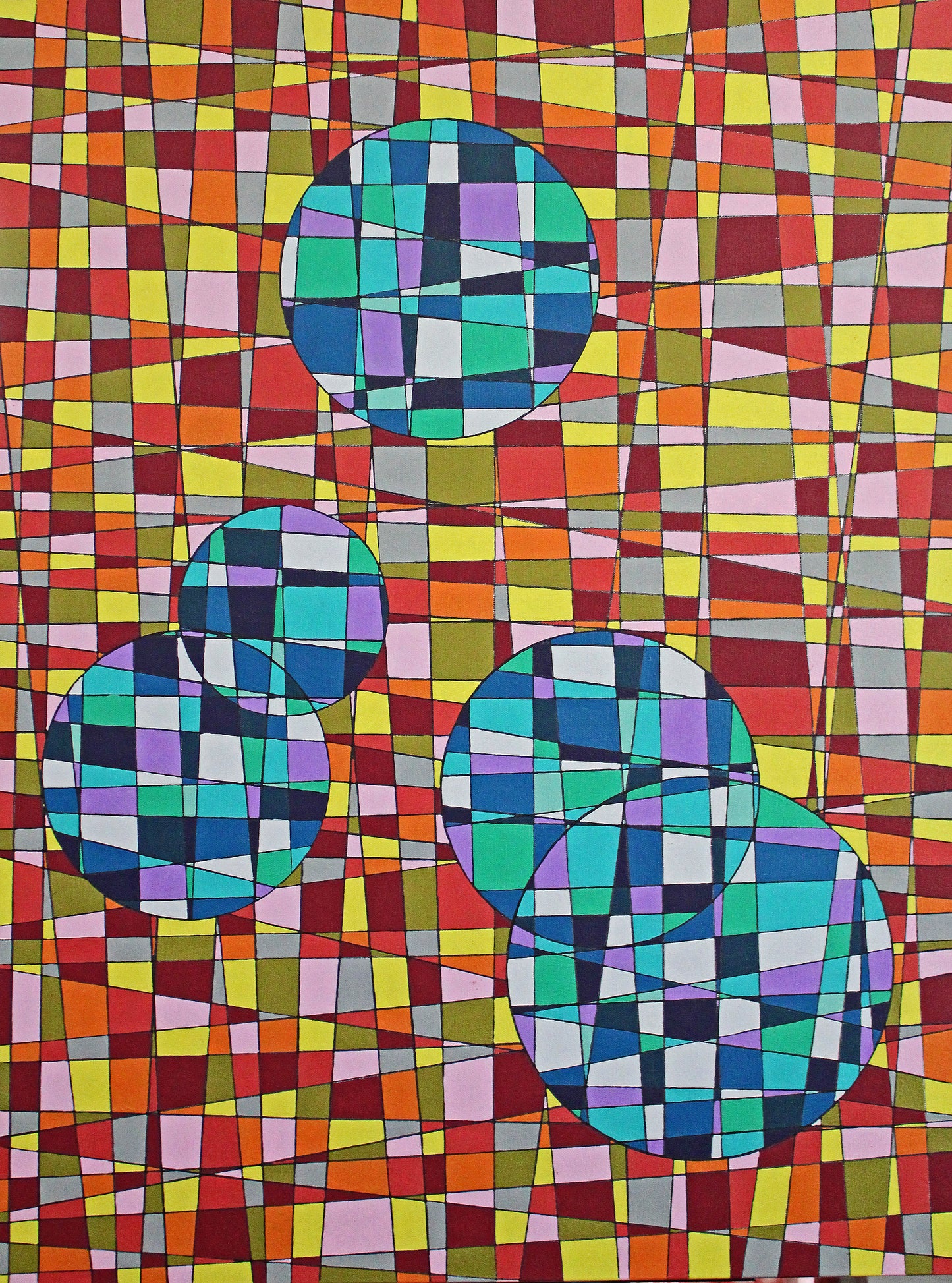 COOL CIRCLES a geometric abstract of cool blues on a background of yellows and reds.