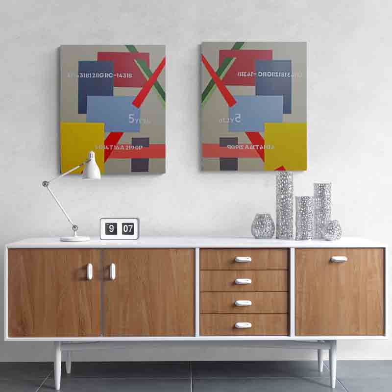 FATE a diptych abstract painting, strong lines and bold form.