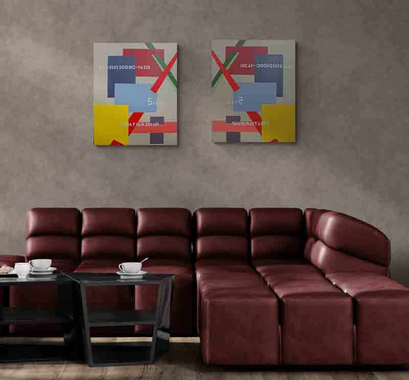 FATE a diptych abstract painting, strong lines and bold form.