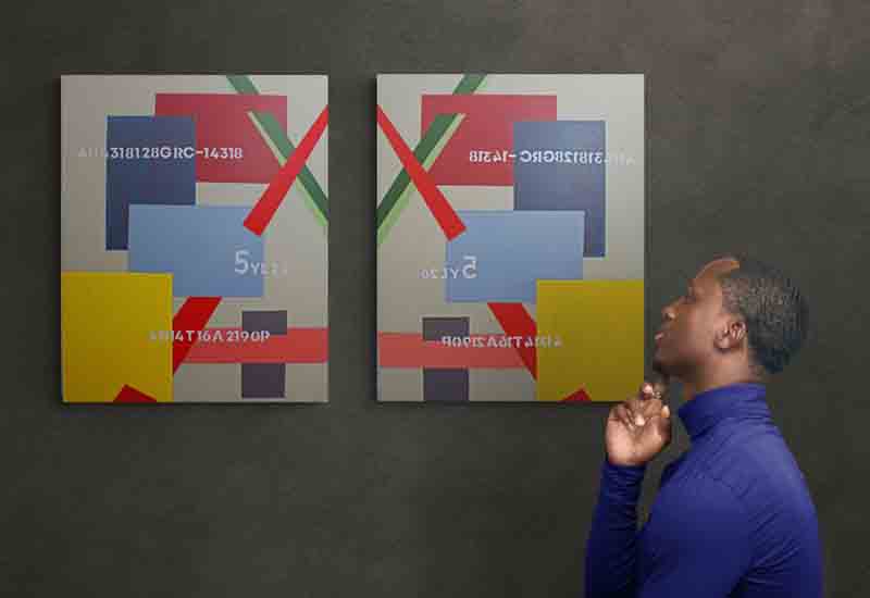 FATE a diptych abstract painting, strong lines and bold form.