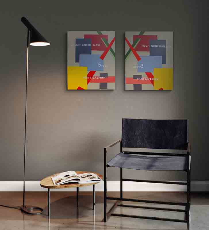 FATE a diptych abstract painting, strong lines and bold form.