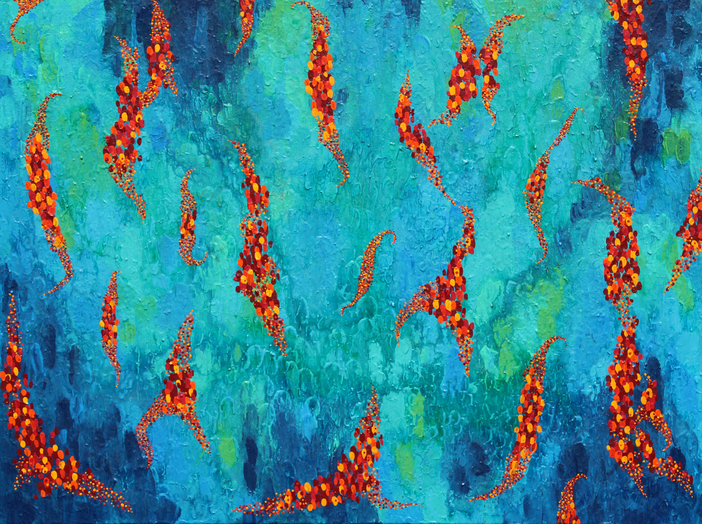 FLOAT strings of warm coloured leaves float across a stream of cool blues and greens.