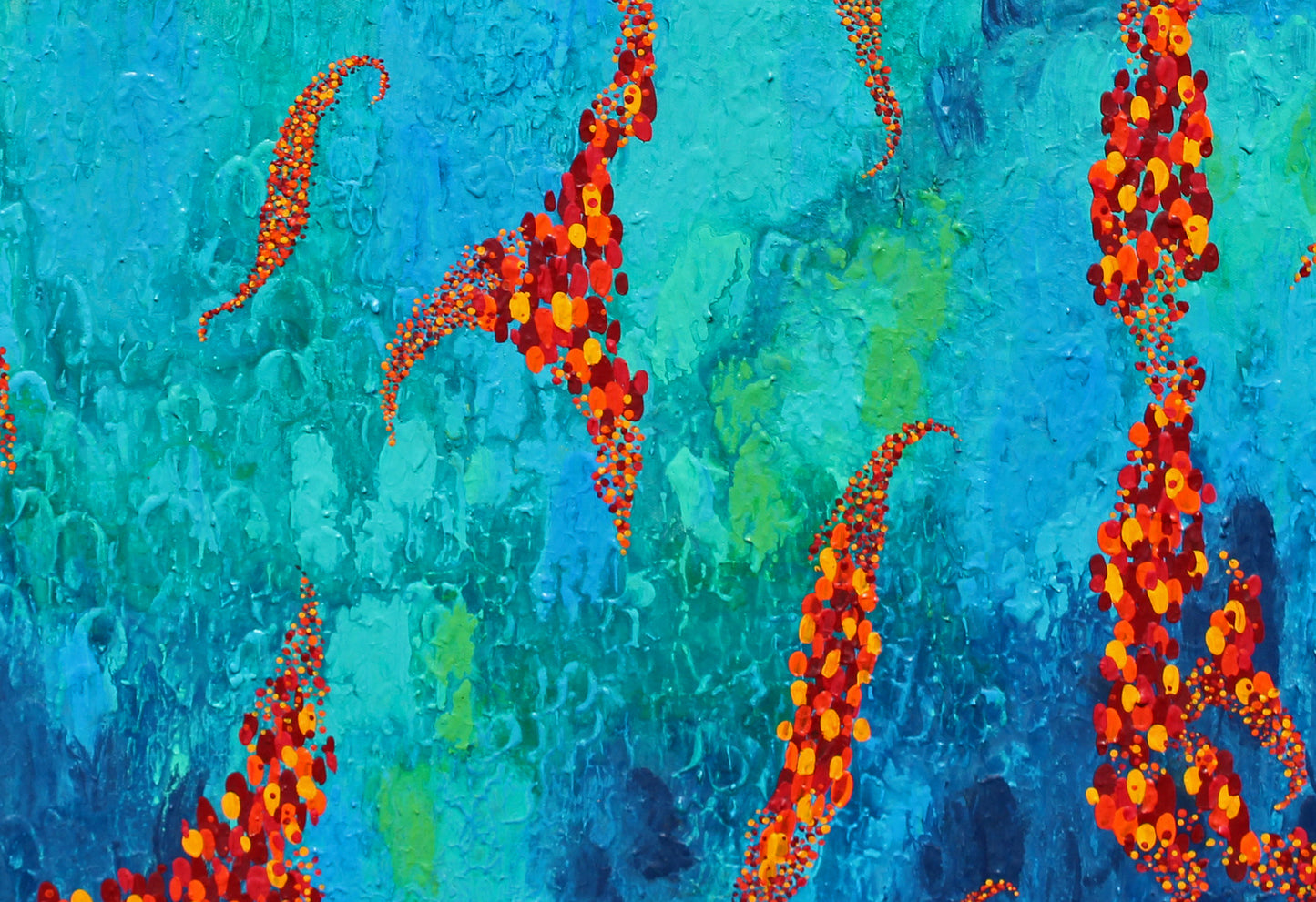 FLOAT strings of warm coloured leaves float across a stream of cool blues and greens.