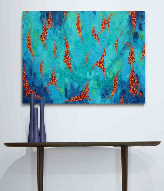 FLOAT strings of warm coloured leaves float across a stream of cool blues and greens.