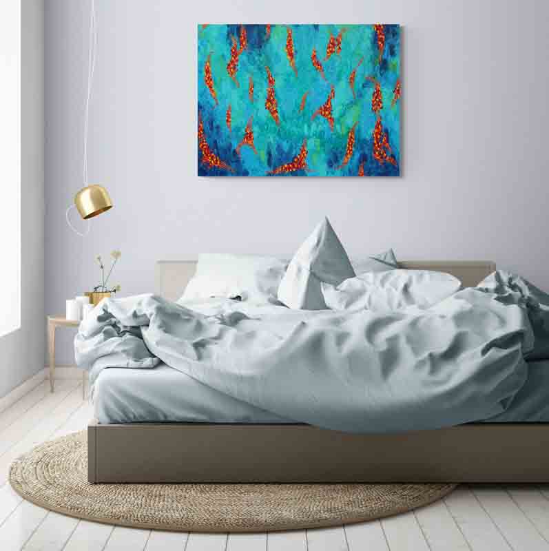 FLOAT strings of warm coloured leaves float across a stream of cool blues and greens.