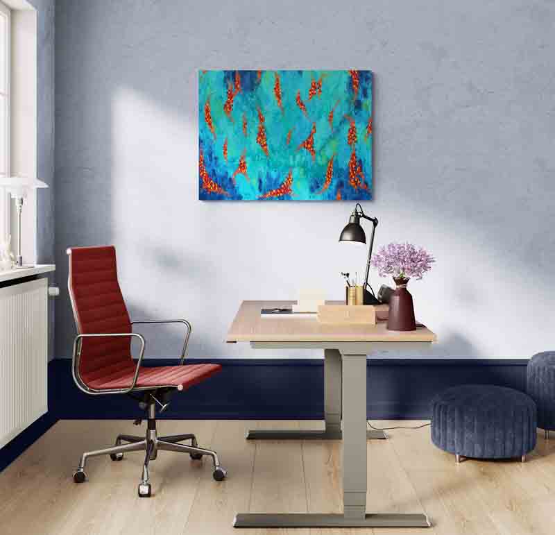 FLOAT strings of warm coloured leaves float across a stream of cool blues and greens.