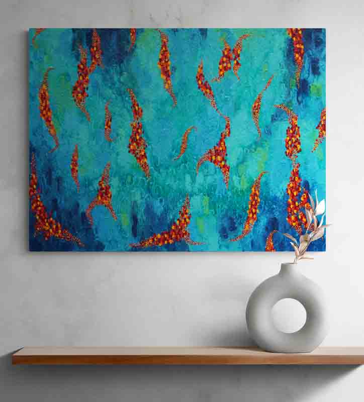FLOAT strings of warm coloured leaves float across a stream of cool blues and greens.