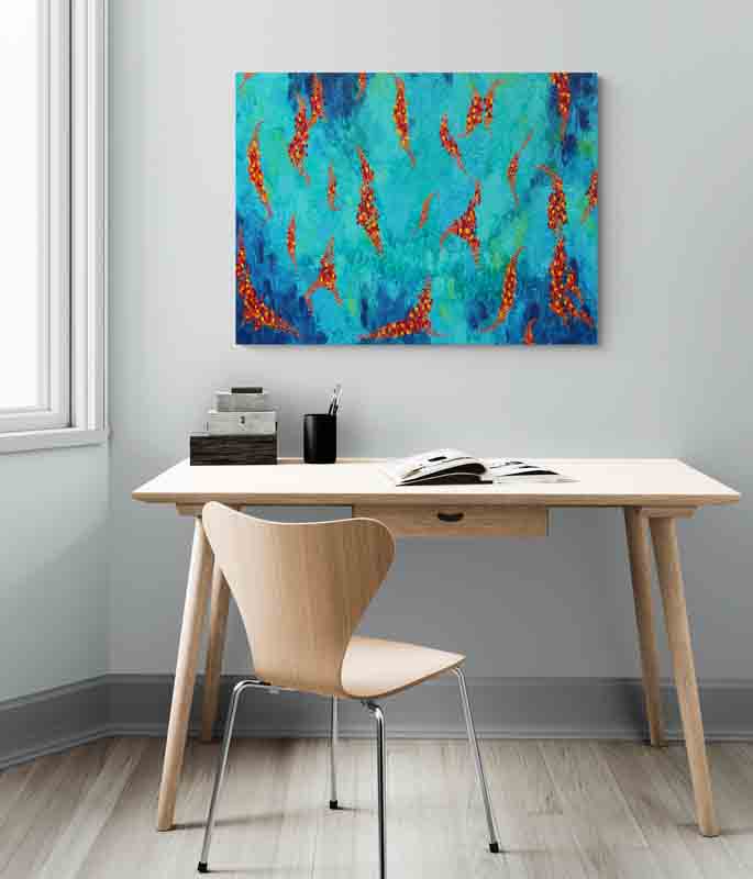 FLOAT strings of warm coloured leaves float across a stream of cool blues and greens.
