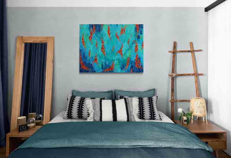 FLOAT strings of warm coloured leaves float across a stream of cool blues and greens.
