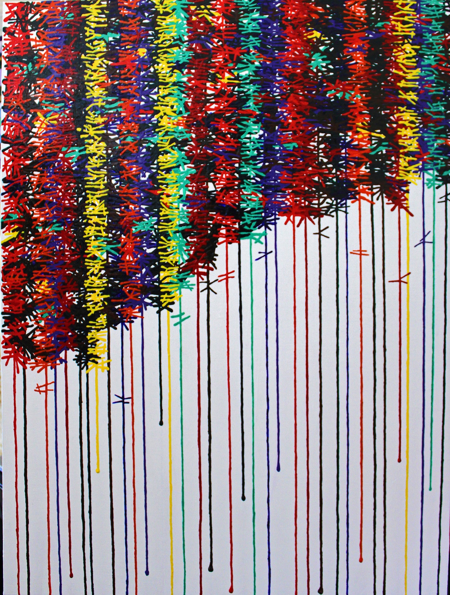 KNOT coloured knots along strings of colour hang across this colourful abstract painting.