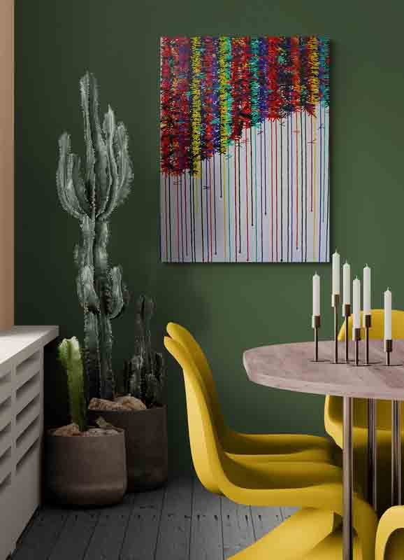 KNOT coloured knots along strings of colour hang across this colourful abstract painting.