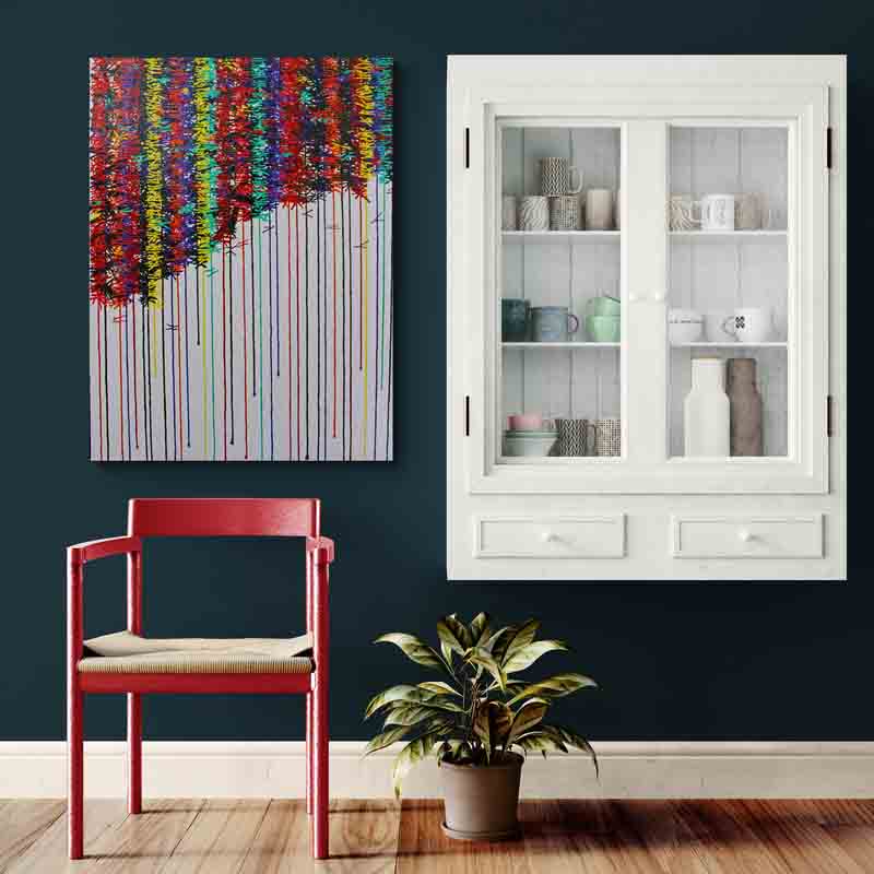 KNOT coloured knots along strings of colour hang across this colourful abstract painting.