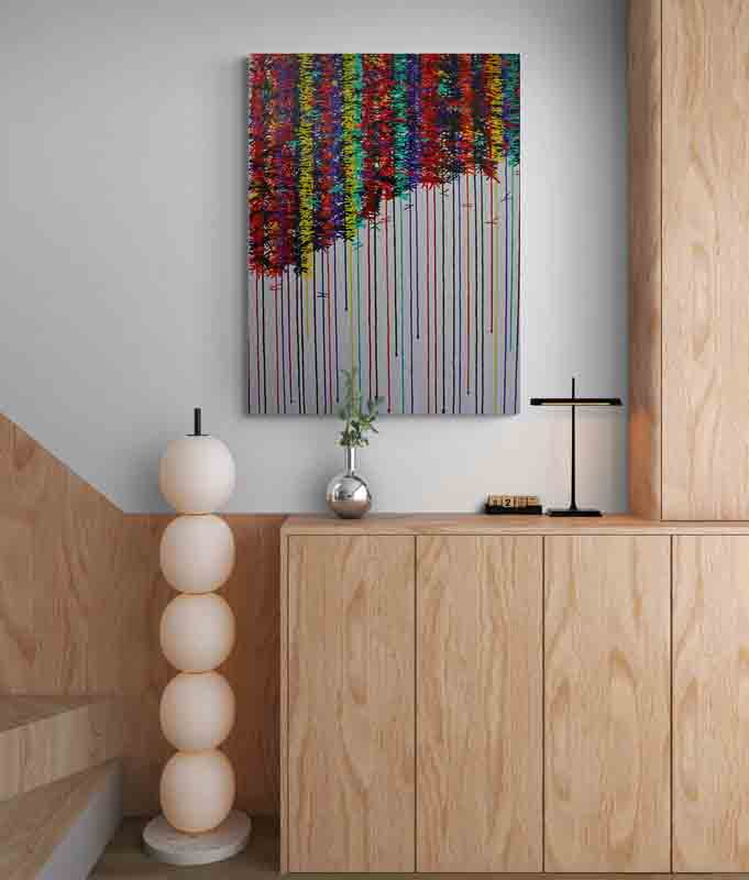 KNOT coloured knots along strings of colour hang across this colourful abstract painting.