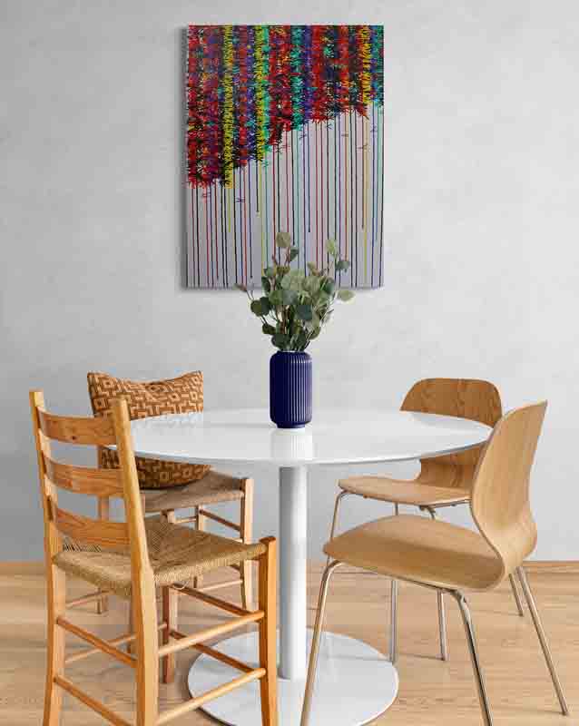 KNOT coloured knots along strings of colour hang across this colourful abstract painting.