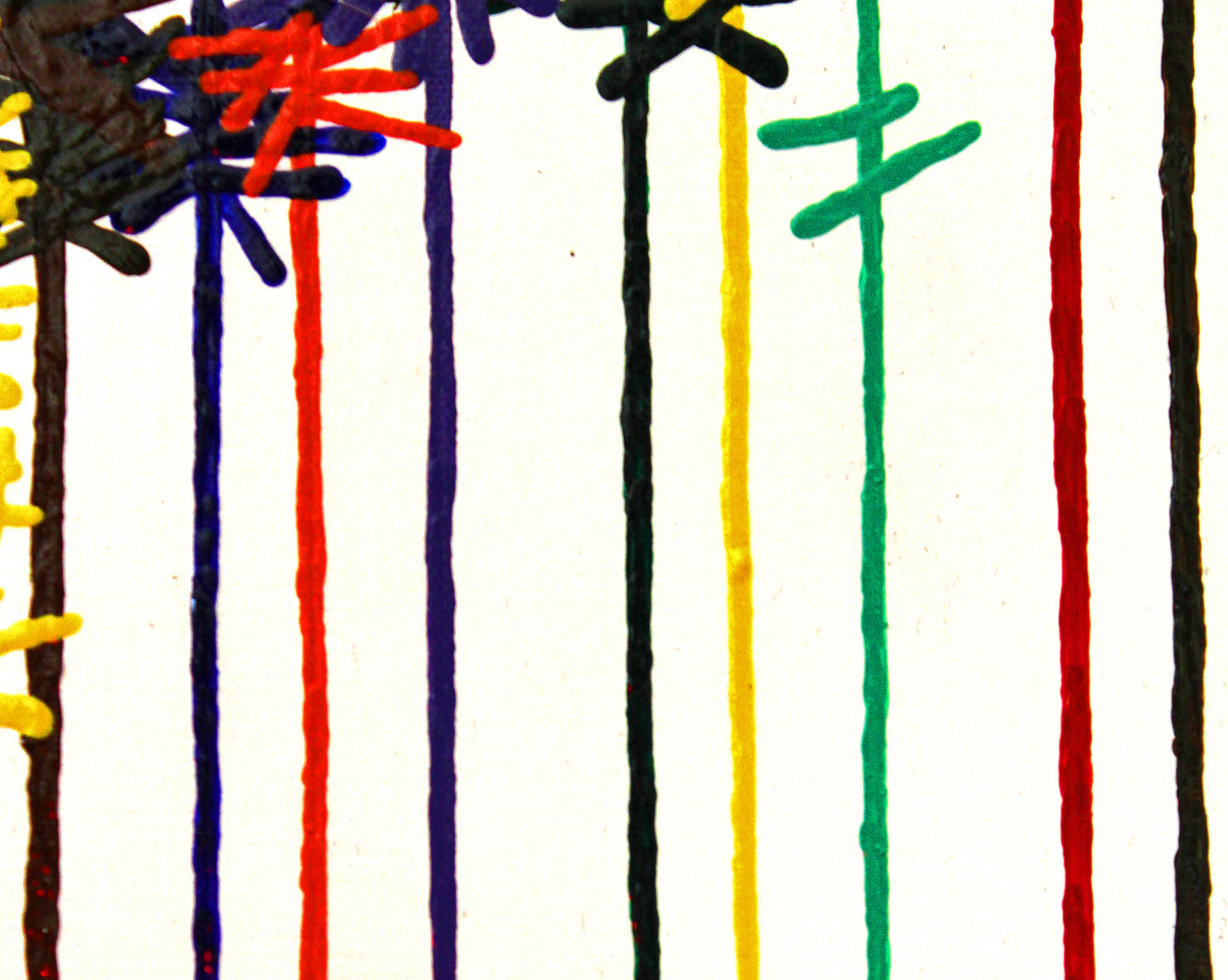 KNOT coloured knots along strings of colour hang across this colourful abstract painting.