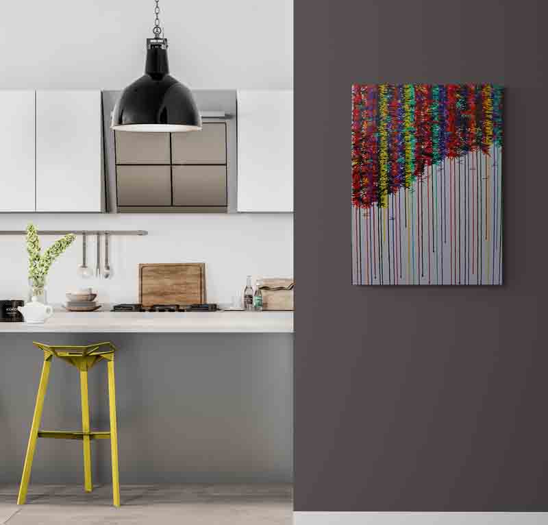 KNOT coloured knots along strings of colour hang across this colourful abstract painting.