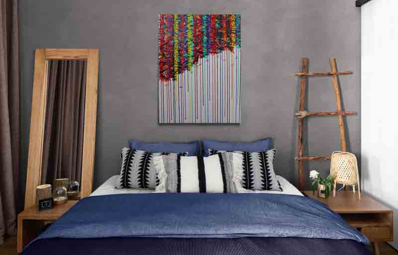 KNOT coloured knots along strings of colour hang across this colourful abstract painting.
