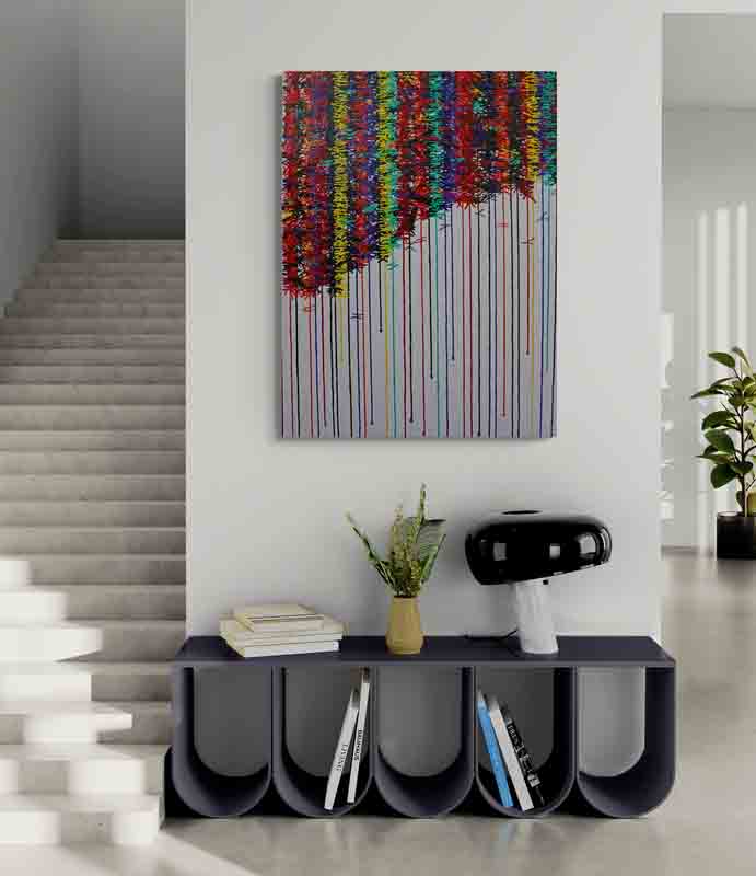 KNOT coloured knots along strings of colour hang across this colourful abstract painting.