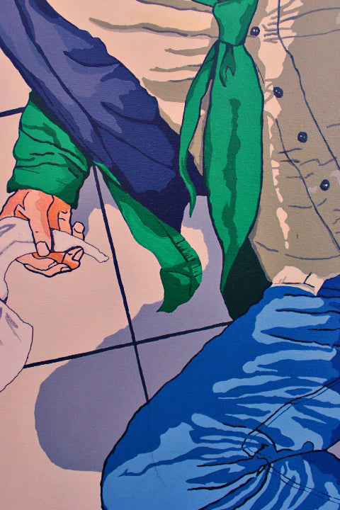 NO WHITE FLAG Comic‑book‑style painting of a young man falling as an unseen assailant’s shadow looms. Bold colour, graphic lines and dramatic tension. Synthetic polymer on canvas, framed in a black floating frame. From the Dean Crozier Gallery.