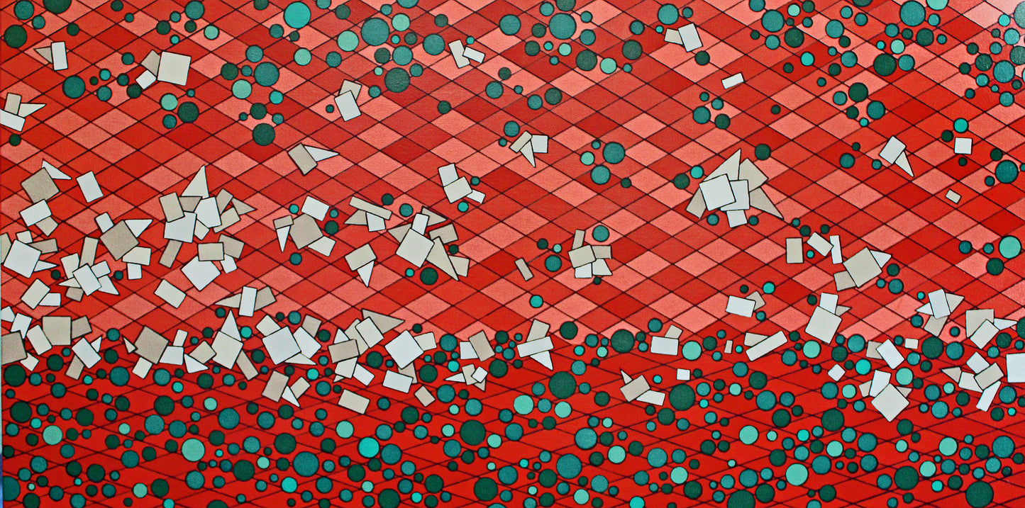 RED DESERT a classic Australian desert painted in a geometric abstract style.