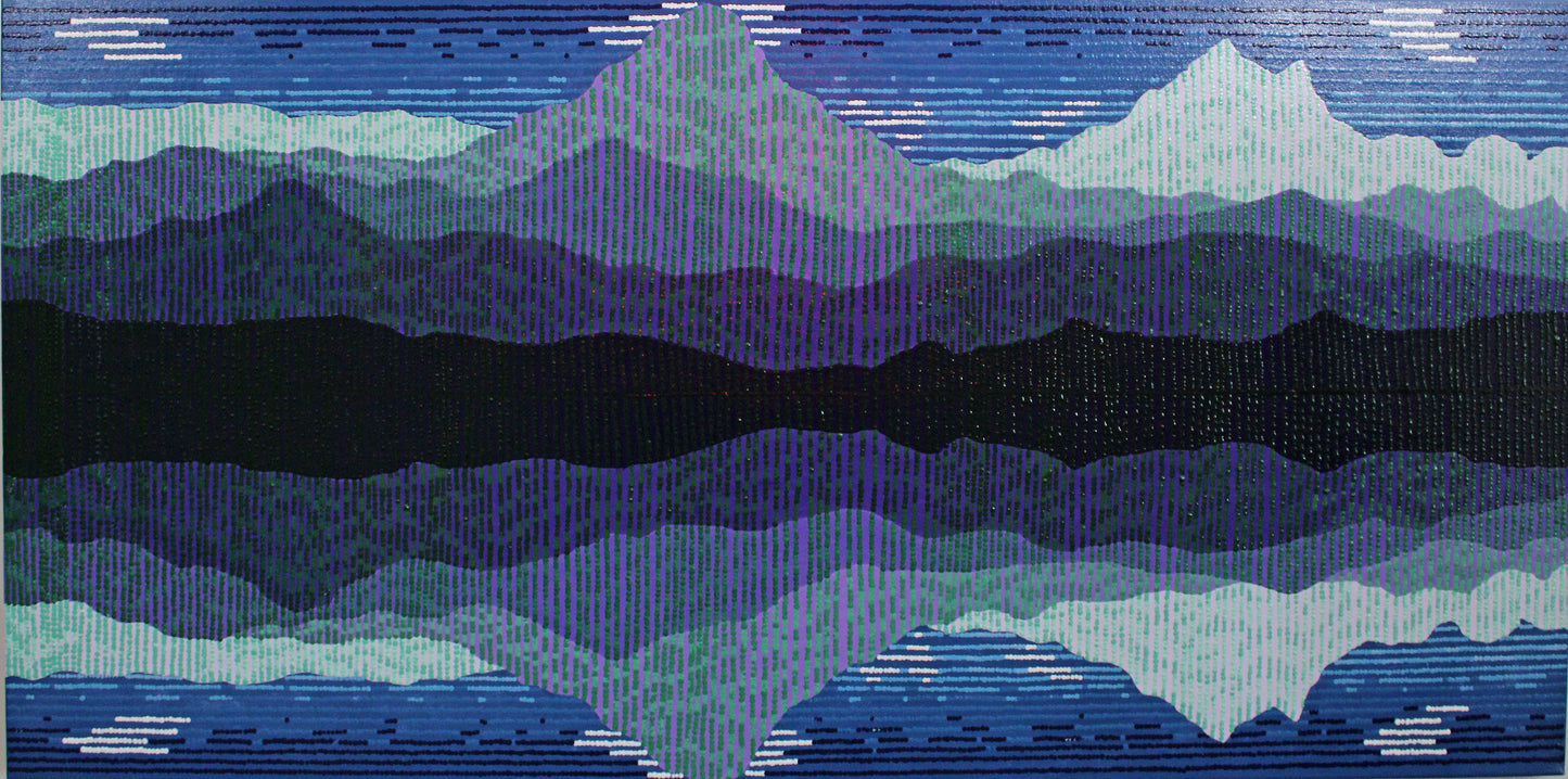 REFLECT is an abstract landscape of reflected mountains created using a pointillist style.