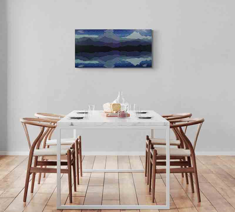 REFLECT is an abstract landscape of reflected mountains created using a pointillist style.
