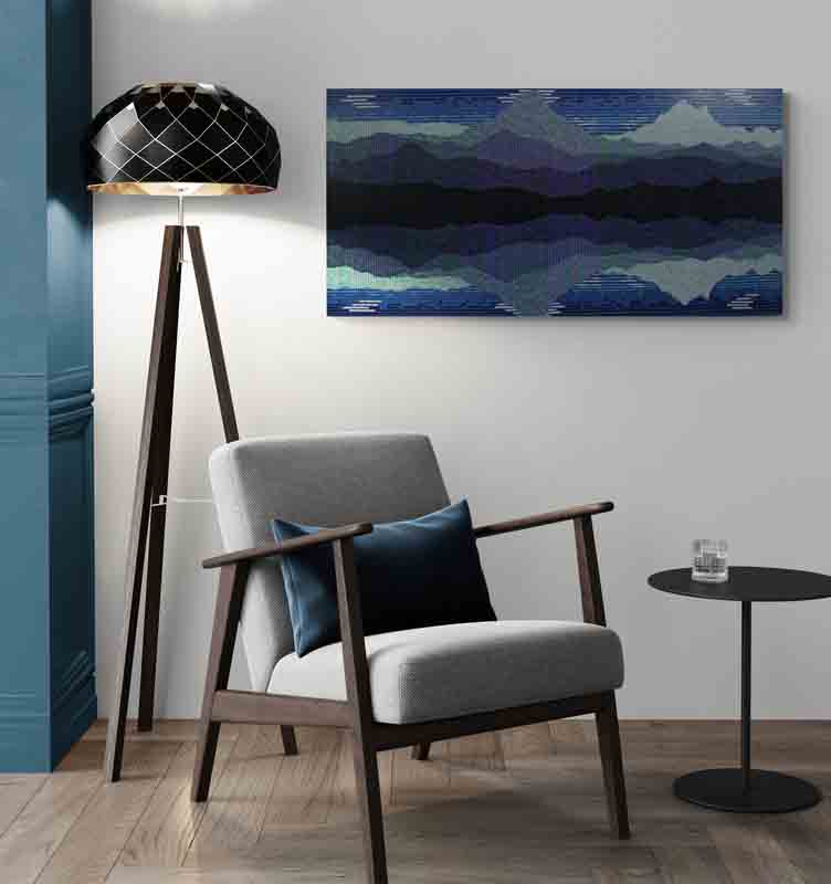 REFLECT is an abstract landscape of reflected mountains created using a pointillist style.