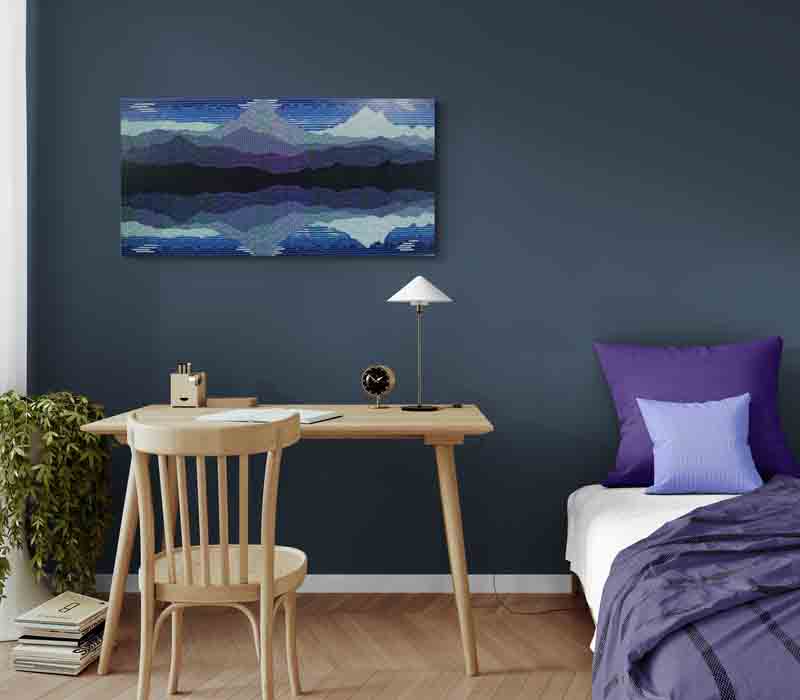 REFLECT is an abstract landscape of reflected mountains created using a pointillist style.
