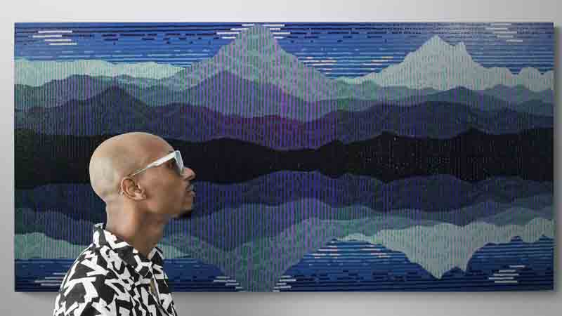 REFLECT is an abstract landscape of reflected mountains created using a pointillist style.