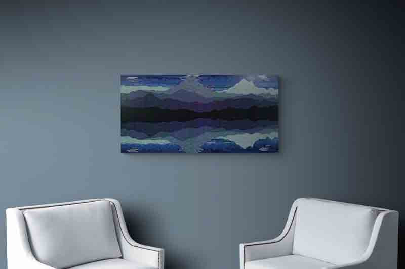REFLECT is an abstract landscape of reflected mountains created using a pointillist style.
