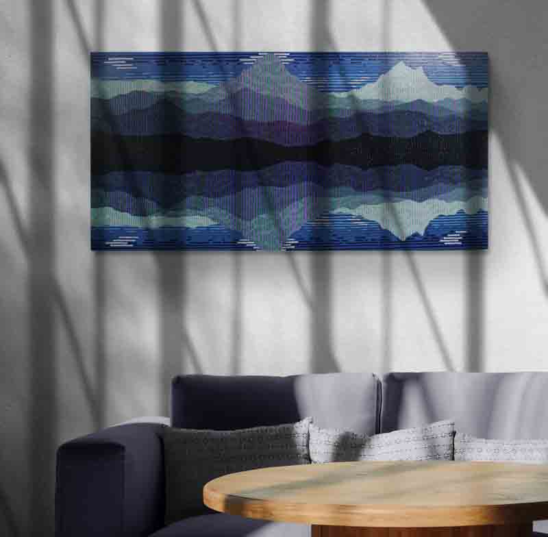 REFLECT is an abstract landscape of reflected mountains created using a pointillist style.