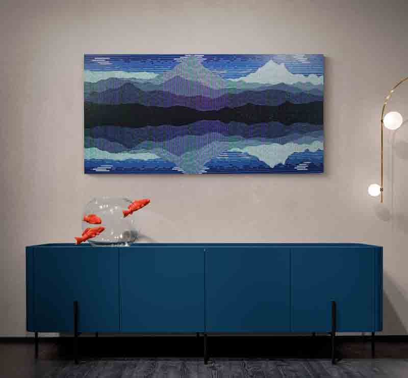 REFLECT is an abstract landscape of reflected mountains created using a pointillist style.