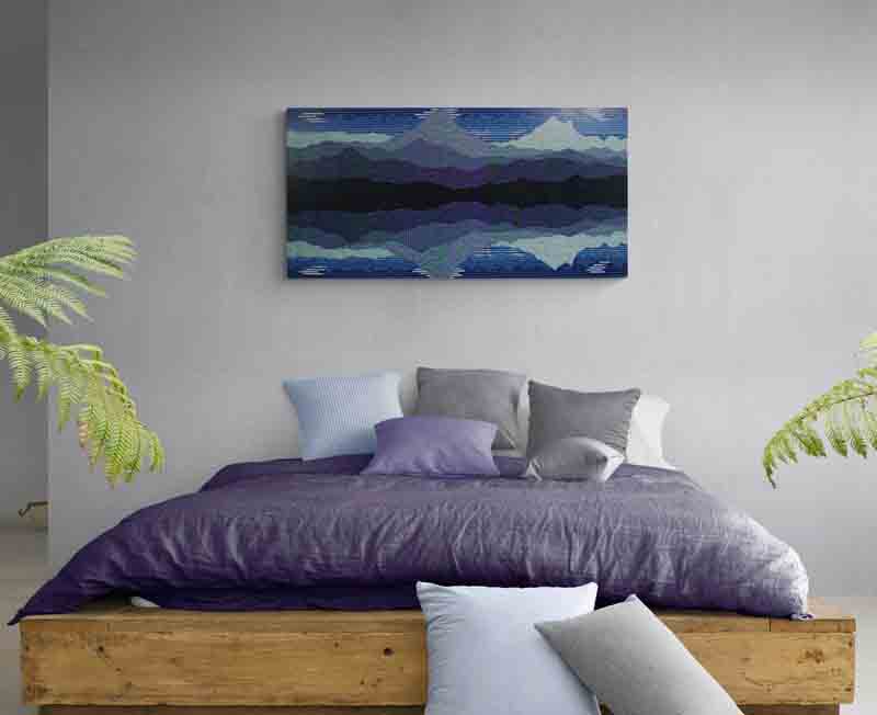 REFLECT is an abstract landscape of reflected mountains created using a pointillist style.