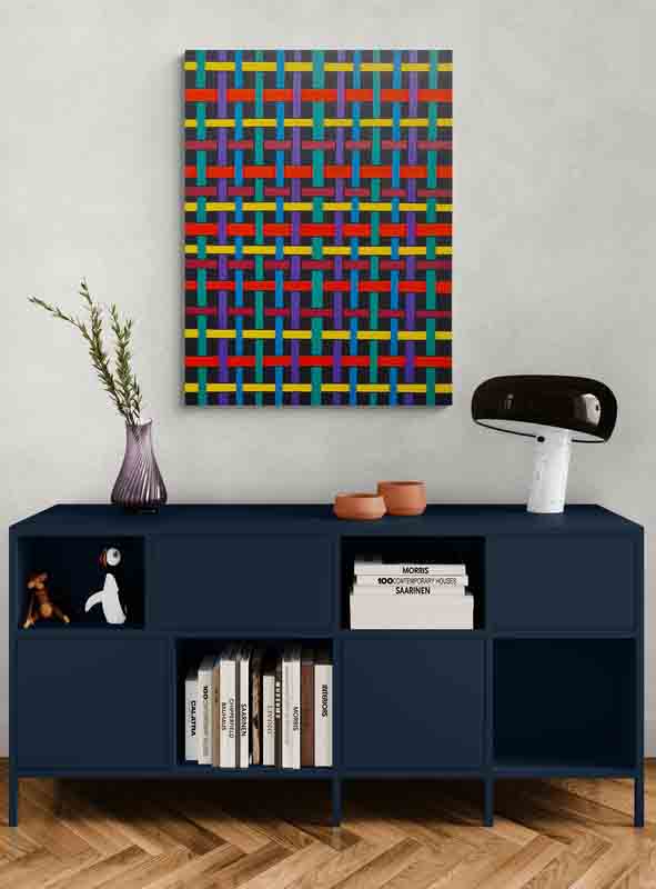 RIBBON ribbons of colour weave across the canvas like a magnified cloth.