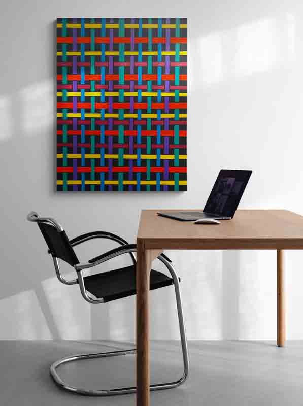 RIBBON ribbons of colour weave across the canvas like a magnified cloth.