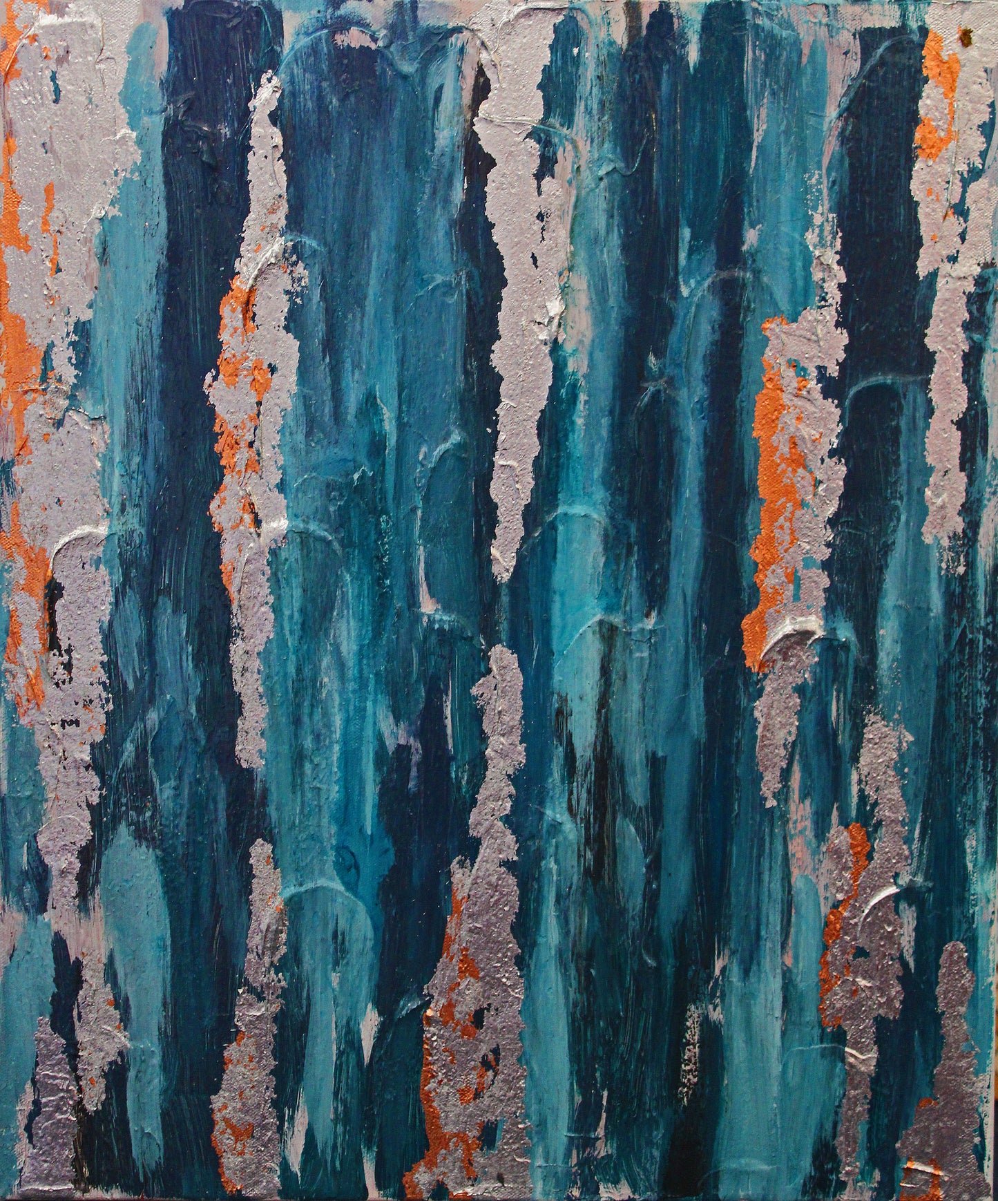SILVER STREAK a triptych of blues highlighted by silver foil.