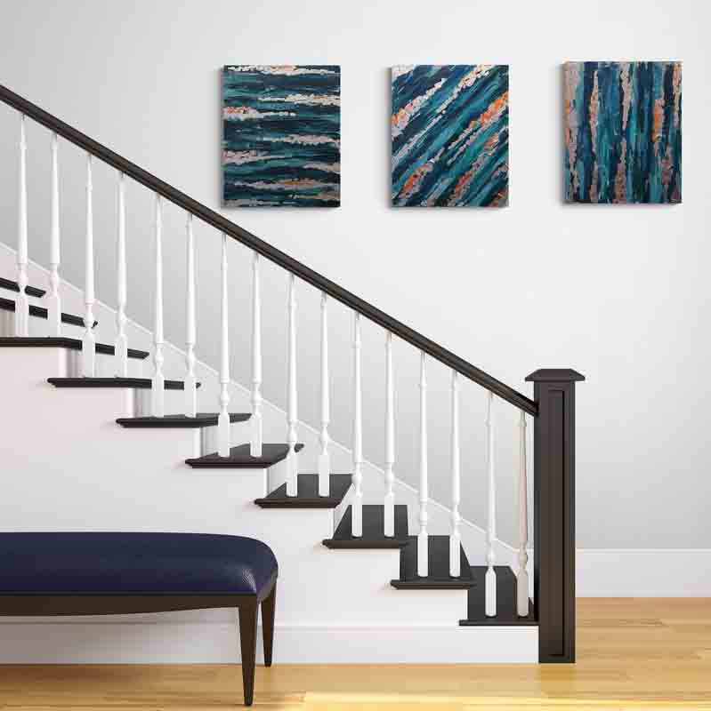 SILVER STREAK a triptych of blues highlighted by silver foil.