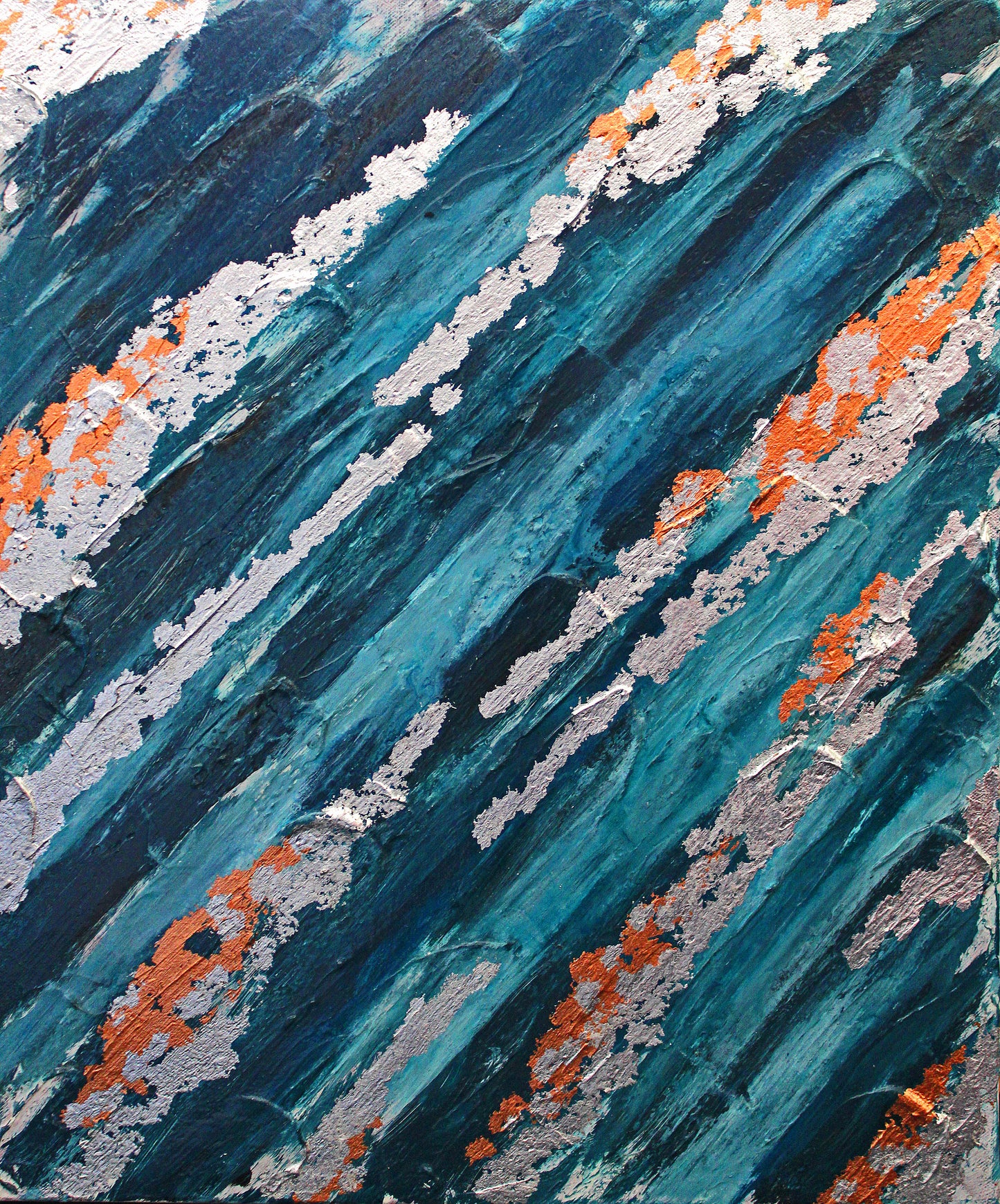 SILVER STREAK a triptych of blues highlighted by silver foil.
