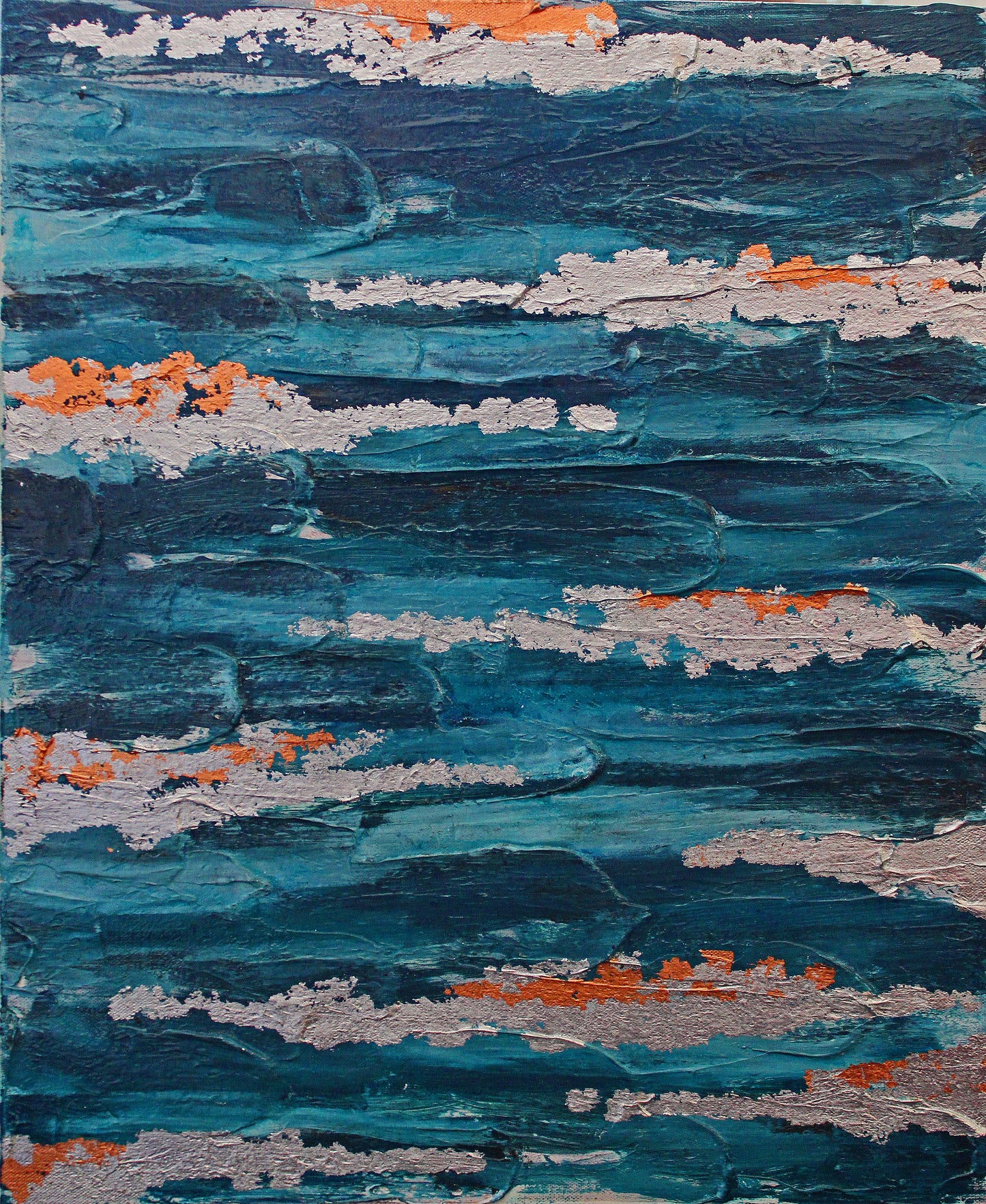SILVER STREAK a triptych of blues highlighted by silver foil.