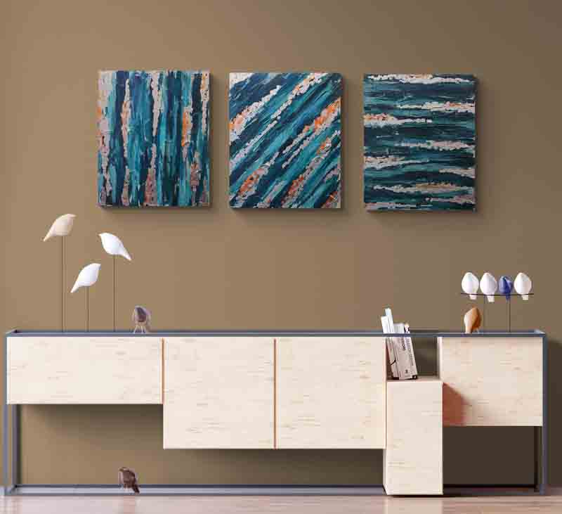 SILVER STREAK a triptych of blues highlighted by silver foil.
