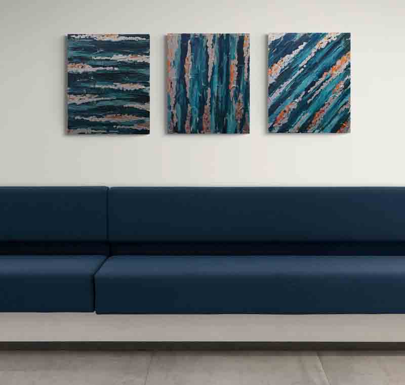 SILVER STREAK a triptych of blues highlighted by silver foil.