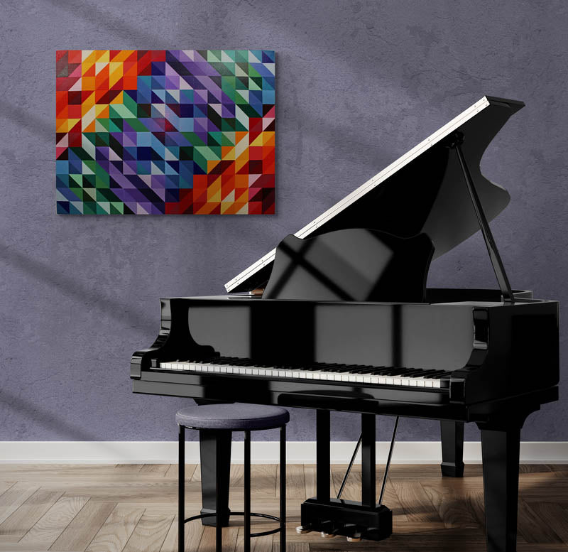 W.C. a geometric abstract painting full of colour and distorted symmetry.