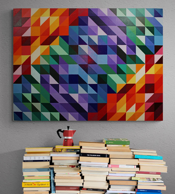 W.C. a geometric abstract painting full of colour and distorted symmetry.