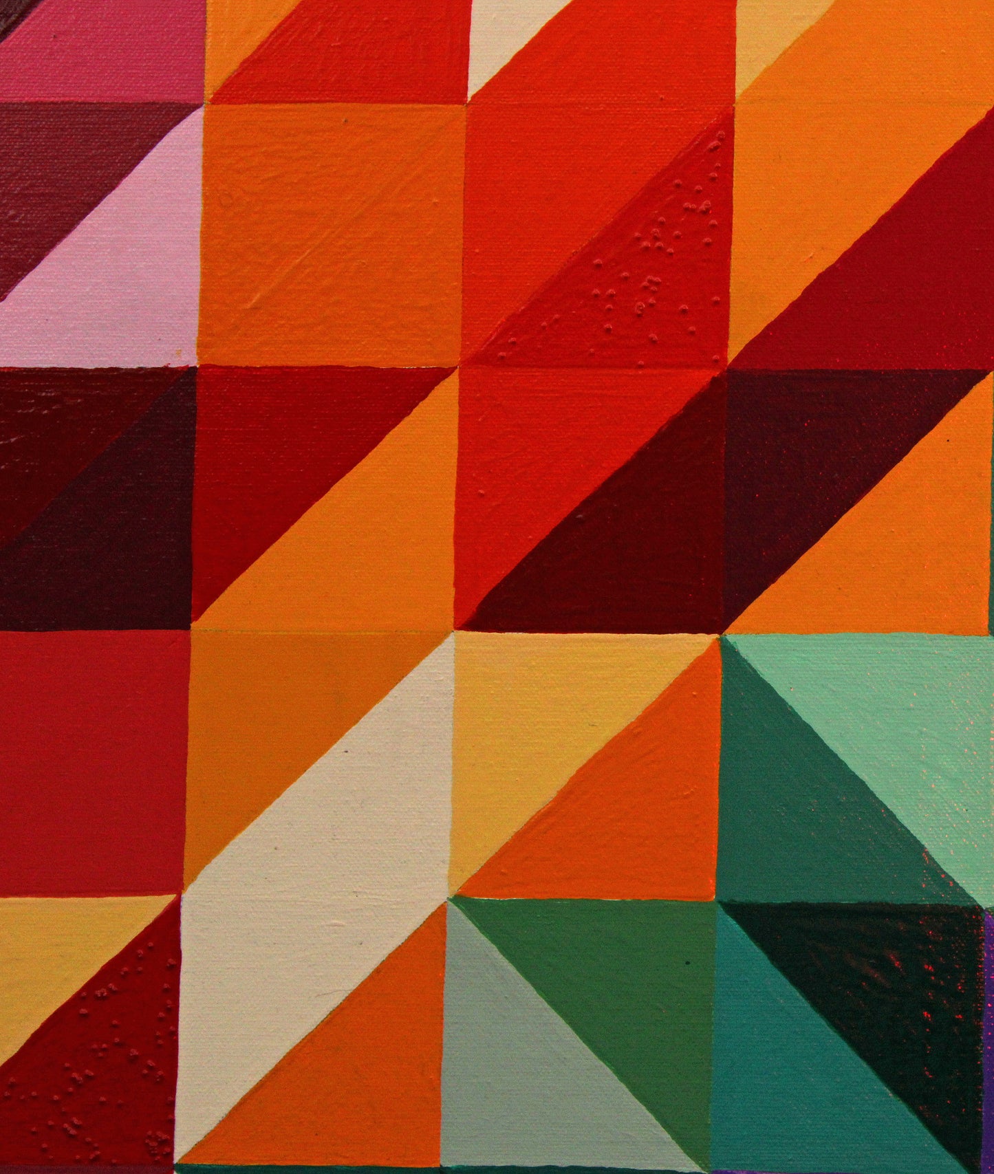 W.C. a geometric abstract painting full of colour and distorted symmetry.