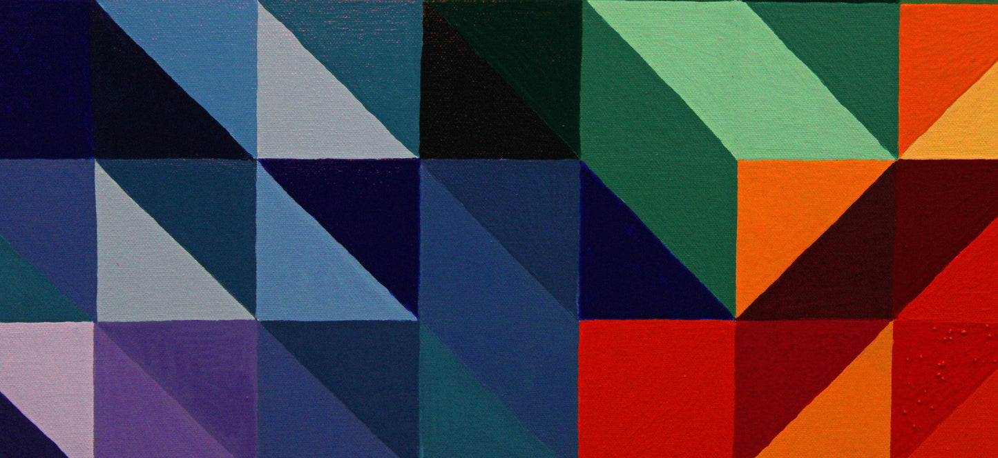 W.C. a geometric abstract painting full of colour and distorted symmetry.